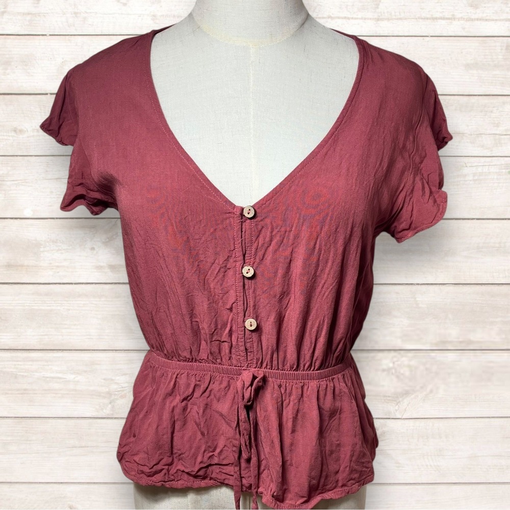 Boho Rose Pink Peplum Top Small Flutter Sleeve V-Neck Mauve Cute Fairy